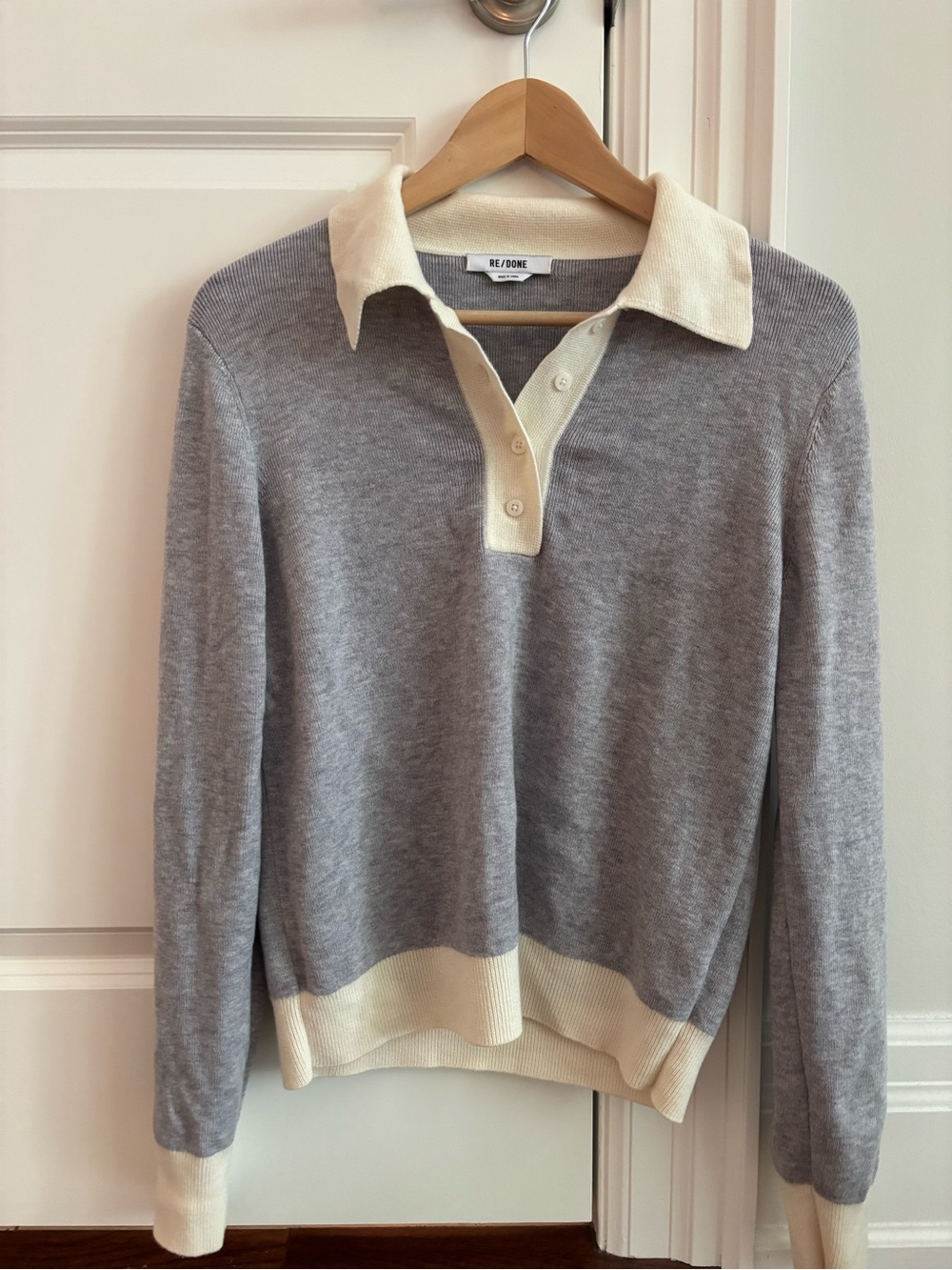 Re/Done Light Gray Merino Wool Sweater with Cream Polo Collar